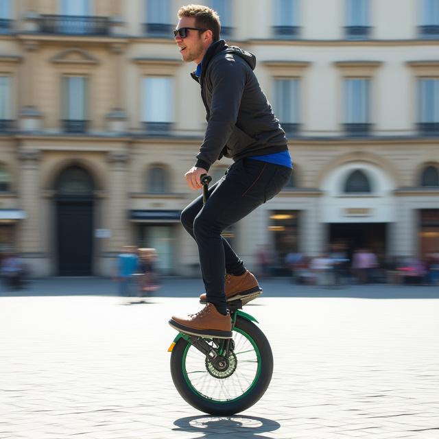 Personne utilisant une monoroue GyroSolo sur une place parisienne.